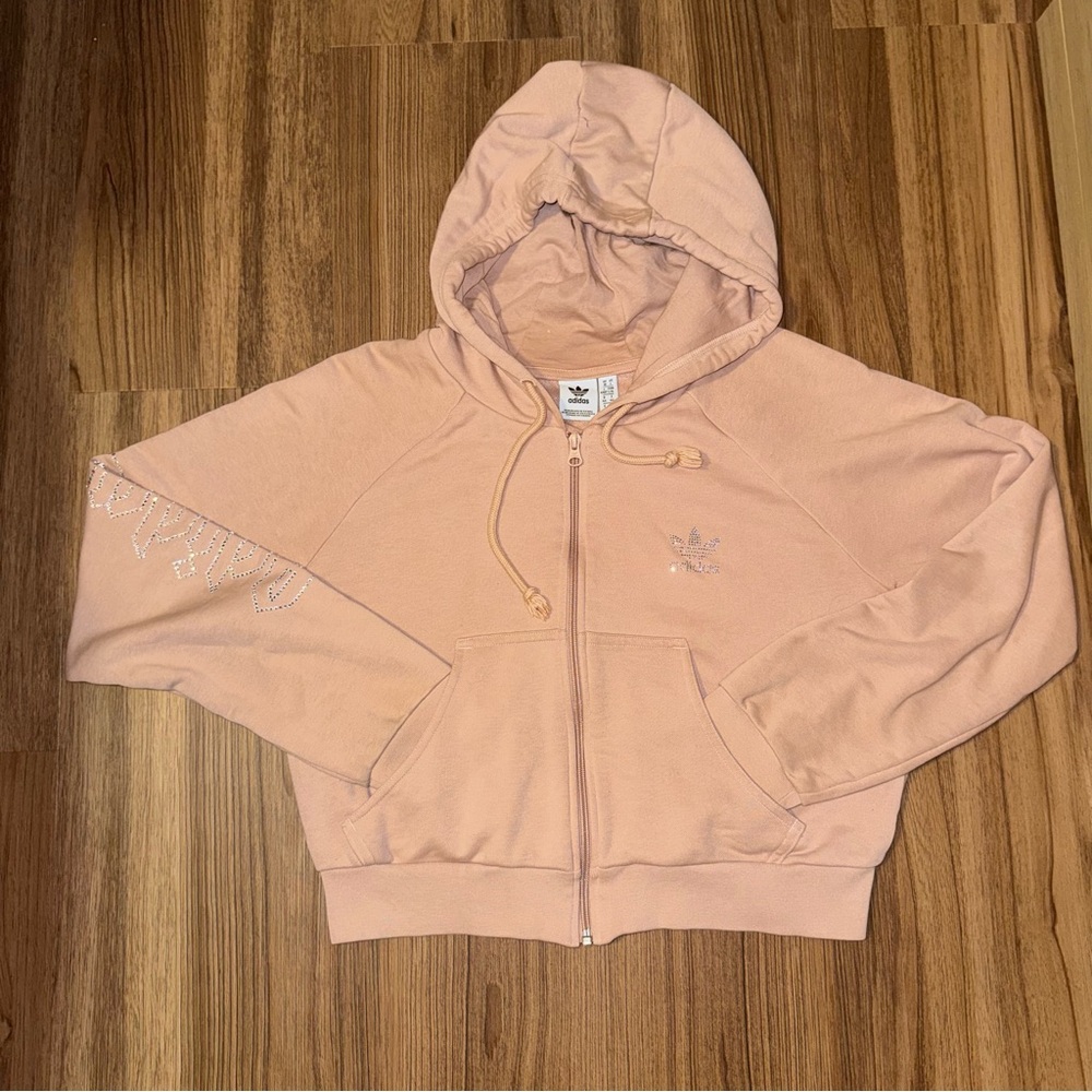 Beige Cropped Adidas ZipUp with Rhinestone Logo